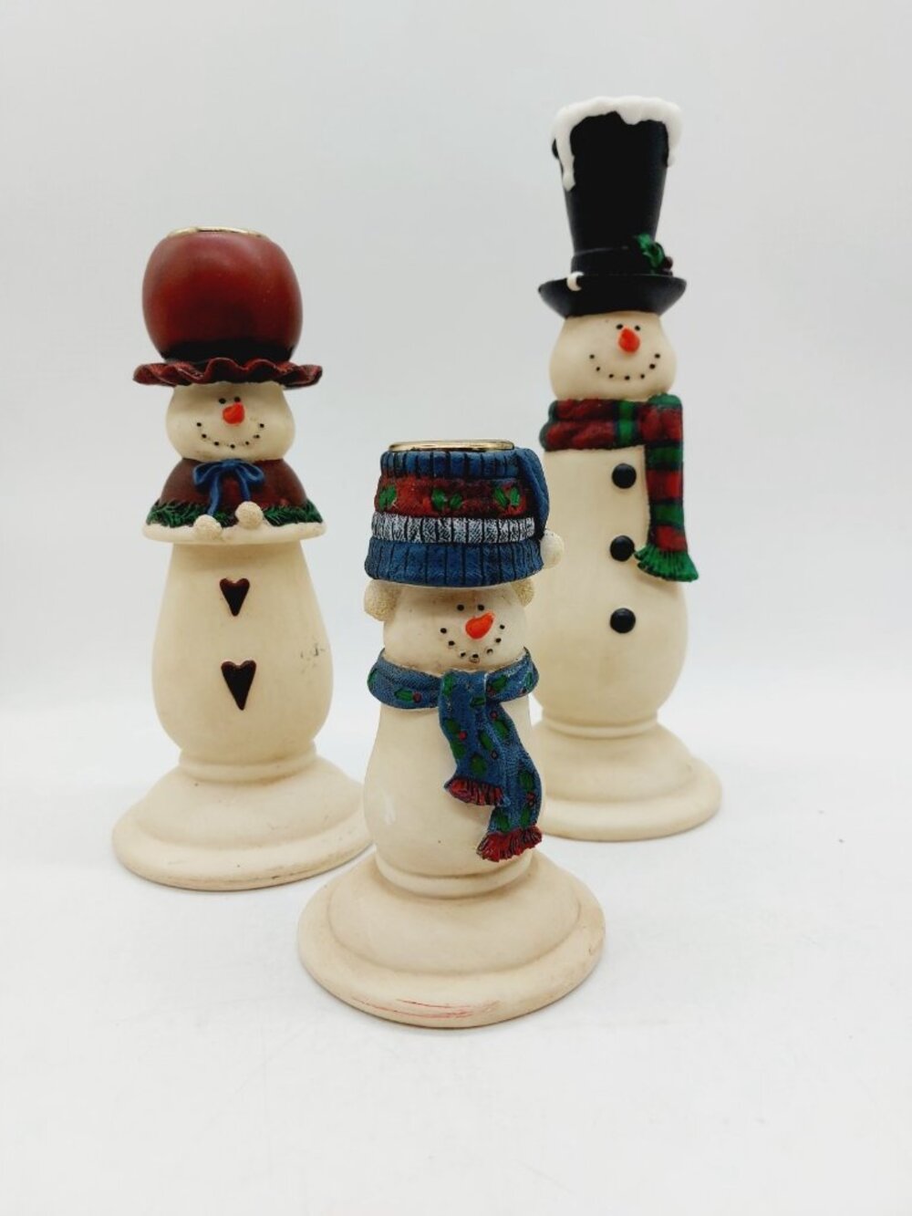 Snowman Family Set Of 3 For Tapered Candles Holder Primitive Christmas Pottery
